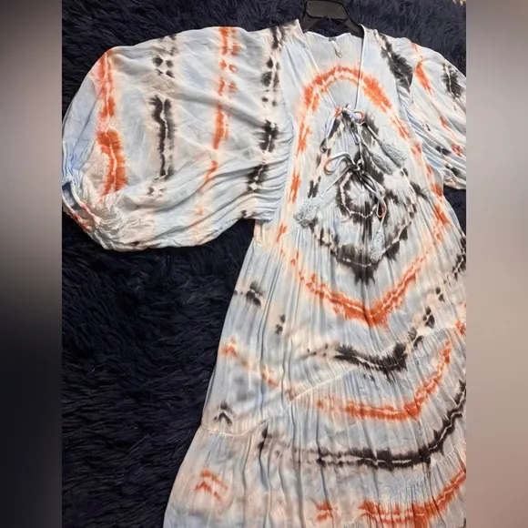 Young Fabulous &amp; Broke Dawn Balloon Sleeve Tie Dye Dress Tangerine Radial. M