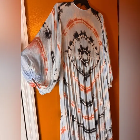 Young Fabulous &amp; Broke Dawn Balloon Sleeve Tie Dye Dress Tangerine Radial. M