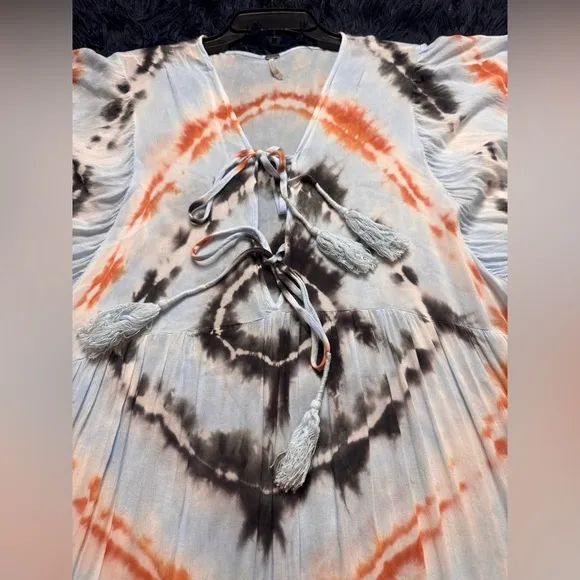 Young Fabulous &amp; Broke Dawn Balloon Sleeve Tie Dye Dress Tangerine Radial. M