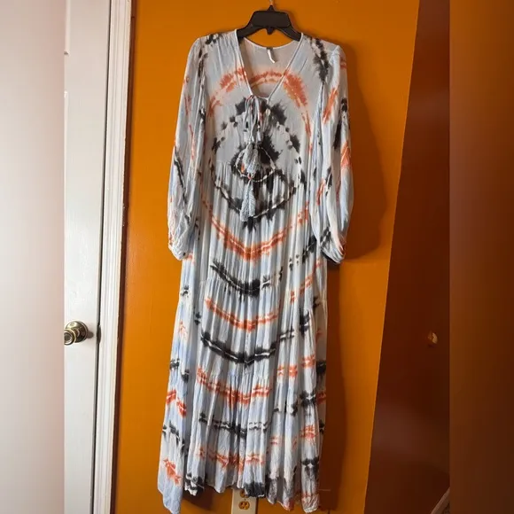 Young Fabulous &amp; Broke Dawn Balloon Sleeve Tie Dye Dress Tangerine Radial. M