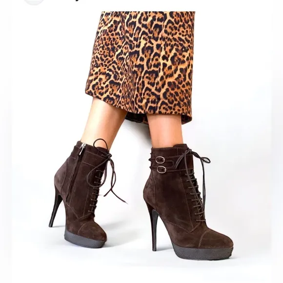 Yves Saint Laurent Brown Lace-Up Boots with Stiletto Heel #yslboots #ysl