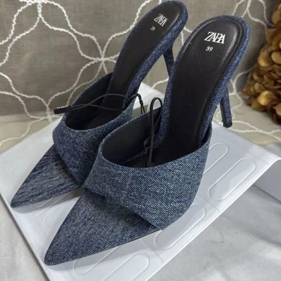 (Z)‎ ZARA DENIM HEEL SANDALS, WITH CAP TOE, size 39/8 US