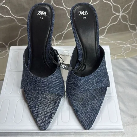 (Z)‎ ZARA DENIM HEEL SANDALS, WITH CAP TOE, size 39/8 US