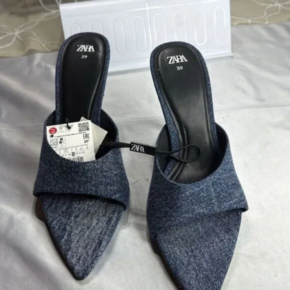 (Z)‎ ZARA DENIM HEEL SANDALS, WITH CAP TOE, size 39/8 US