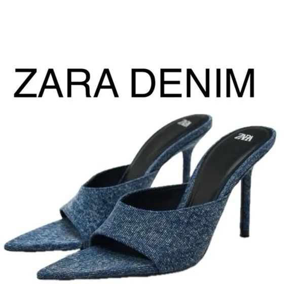 (Z)‎ ZARA DENIM HEEL SANDALS, WITH CAP TOE, size 39/8 US
