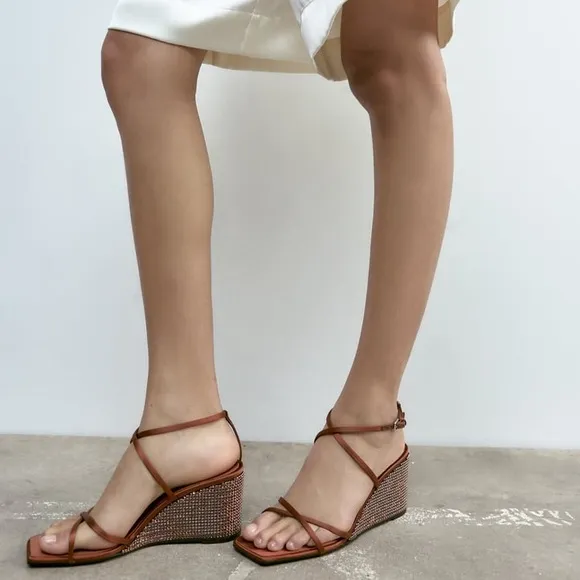 Zara Brown Crystal Wedge Sandals