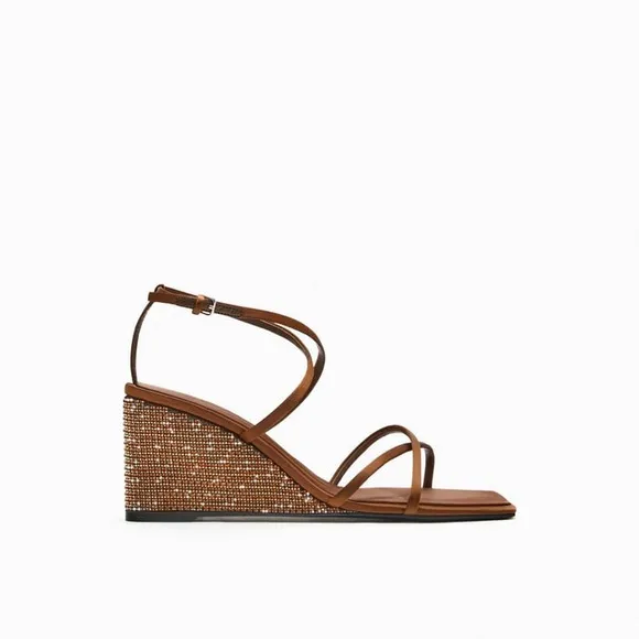 Zara Brown Crystal Wedge Sandals