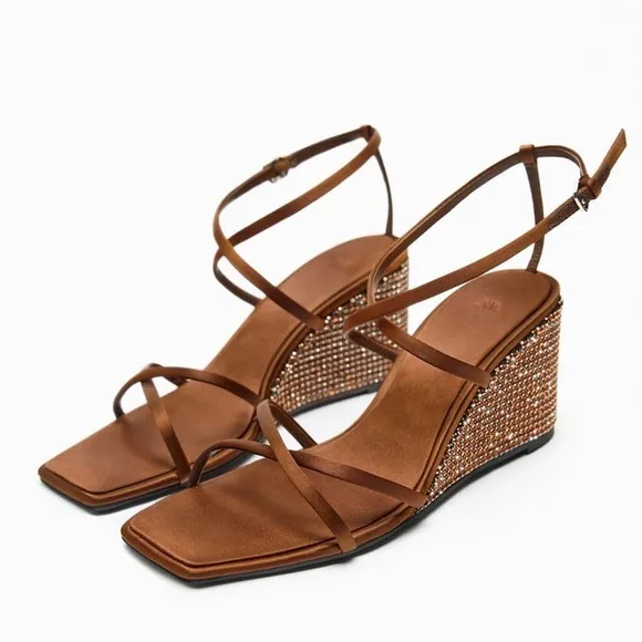Zara Brown Crystal Wedge Sandals
