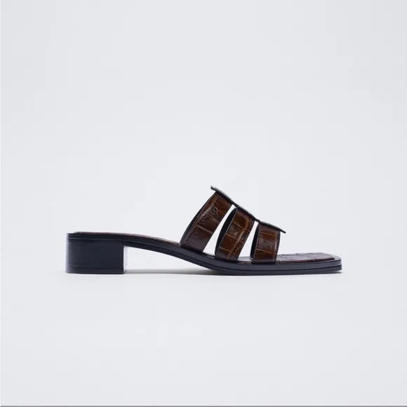 ZARA Dark Brown Crocodile Embossed Leather Square Toe Heeled Sandals Y2K Size 38