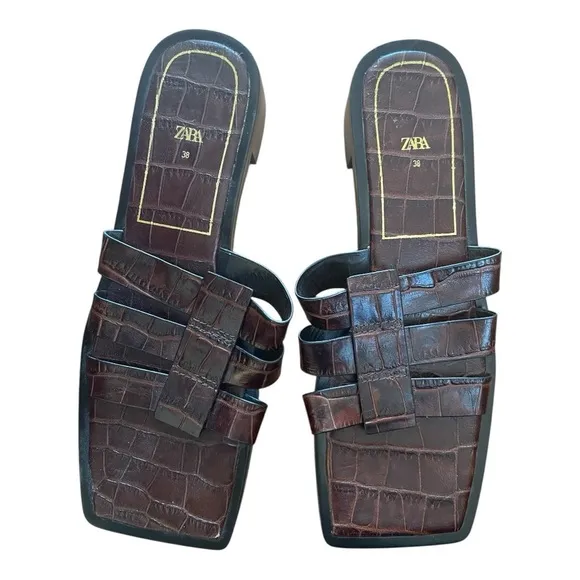 ZARA Dark Brown Crocodile Embossed Leather Square Toe Heeled Sandals Y2K Size 38