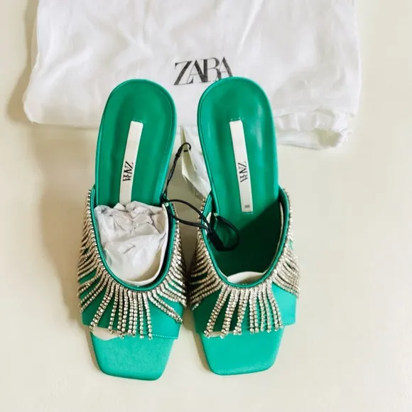Zara Green Crystals Heel Slip On Mule Sandals NWT SZ 7.5