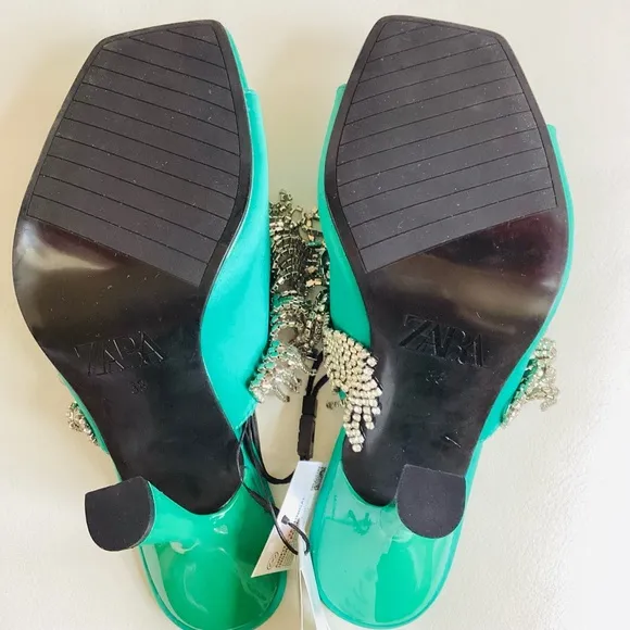 Zara Green Crystals Heel Slip On Mule Sandals NWT SZ 7.5