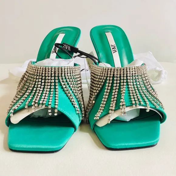 Zara Green Crystals Heel Slip On Mule Sandals NWT SZ 7.5