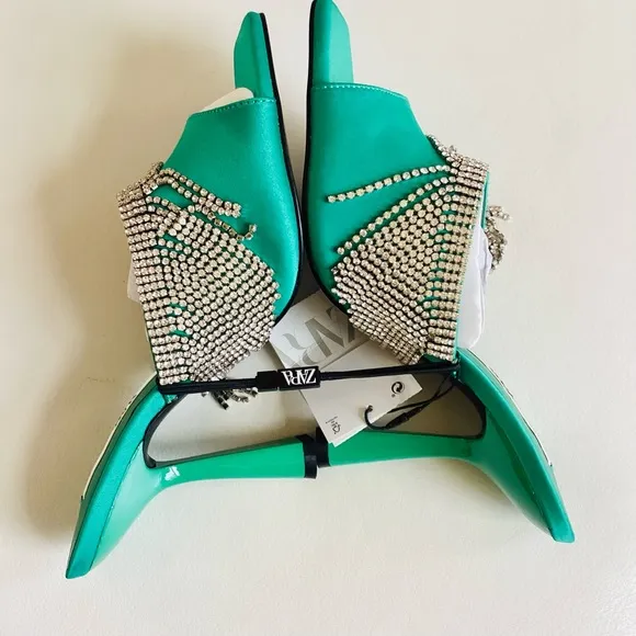 Zara Green Crystals Heel Slip On Mule Sandals NWT SZ 7.5
