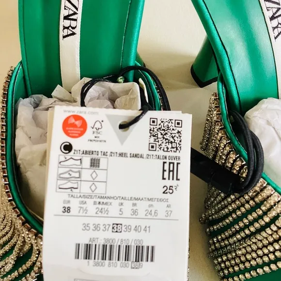 Zara Green Crystals Heel Slip On Mule Sandals NWT SZ 7.5