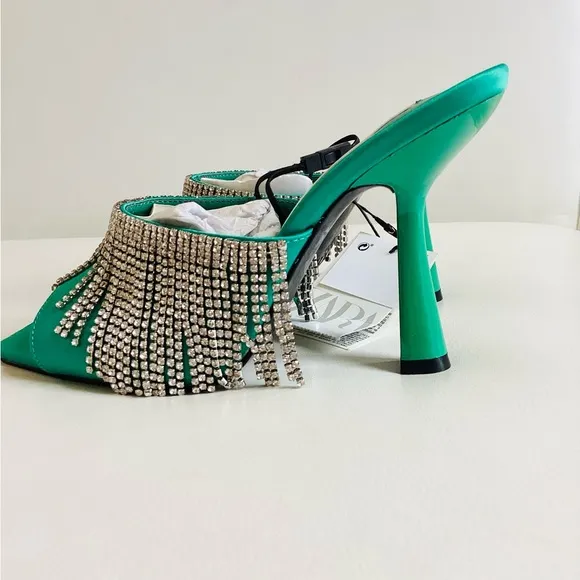 Zara Green Crystals Heel Slip On Mule Sandals NWT SZ 7.5