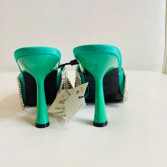 Zara Green Crystals Heel Slip On Mule Sandals NWT SZ 7.5