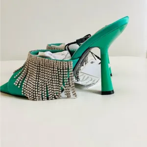 Zara Green Crystals Heel Slip On Mule Sandals NWT SZ 7.5