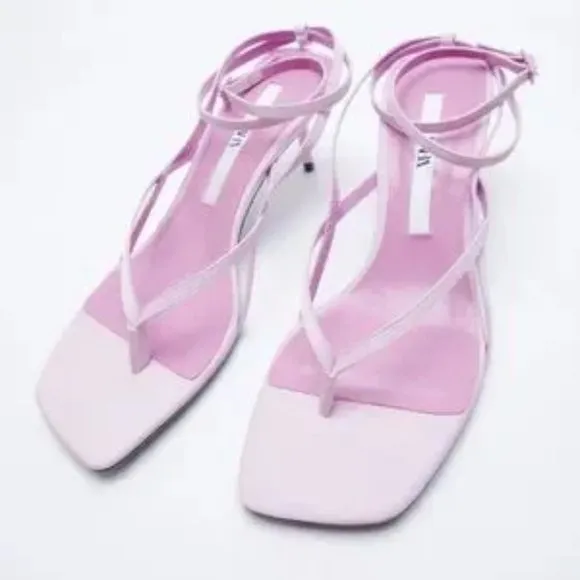 ZARA Heeled Leather Square Toe Sandals Mauve