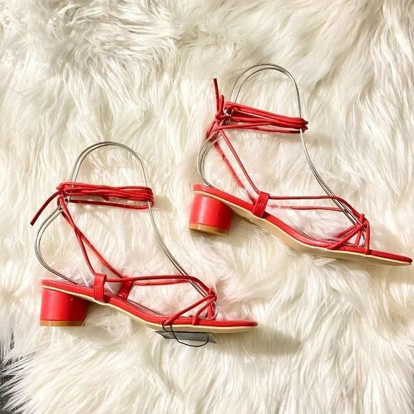 ZARA RED LOW HEEL STRAPS SANDALS