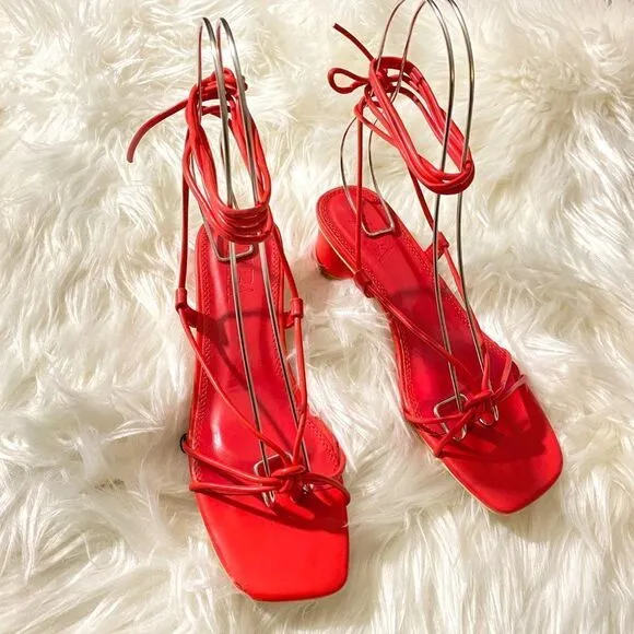 ZARA RED LOW HEEL STRAPS SANDALS