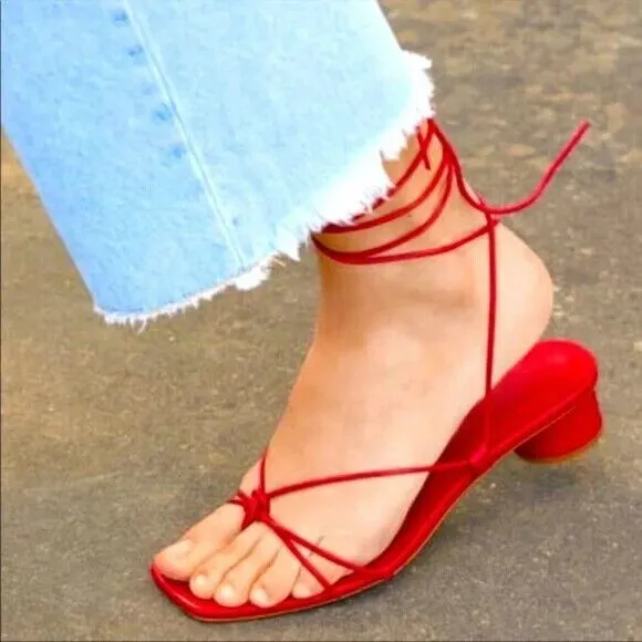ZARA RED LOW HEEL STRAPS SANDALS