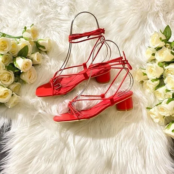 ZARA RED LOW HEEL STRAPS SANDALS