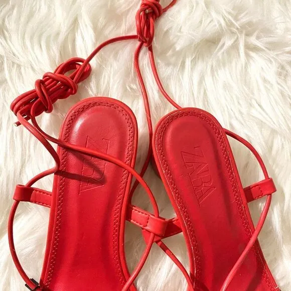 ZARA RED LOW HEEL STRAPS SANDALS