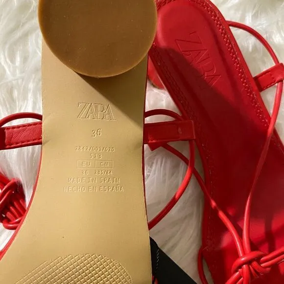ZARA RED LOW HEEL STRAPS SANDALS