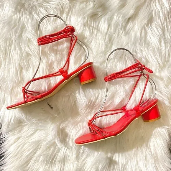 ZARA RED LOW HEEL STRAPS SANDALS