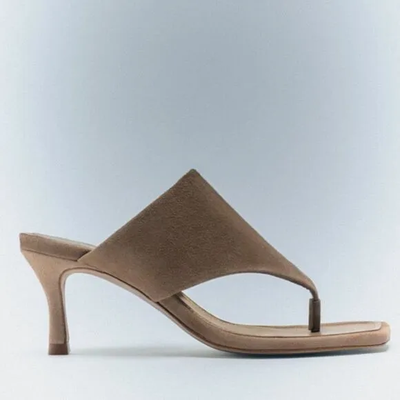 ZARA TOE POST HEELED LEATHER SANDALS