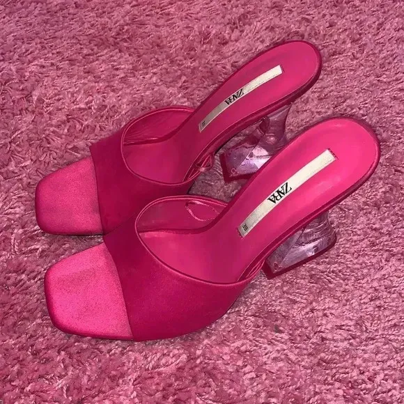 Zara Pink Satin Heeled Methacrylate Mule Sandals